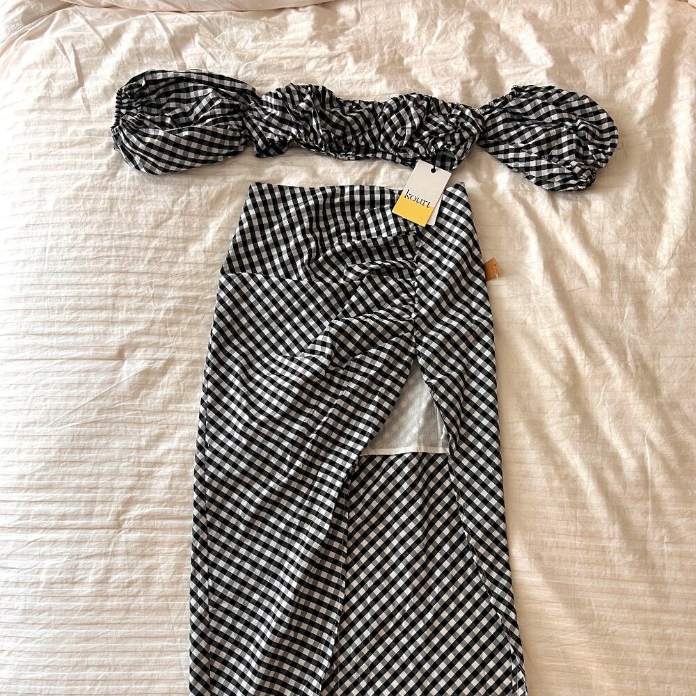 Black & White Gingham Two-Piece Set – Crop Top & High-Slit Maxi Skirt